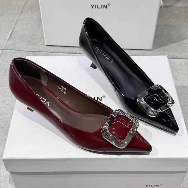 Черные туфли-лодочки профессиональные с острым носком на тонком каблуке с открытым вырезом одинарные туфли телесного цвета с квадратной пряжкой из лакированной кожи женские новые модели