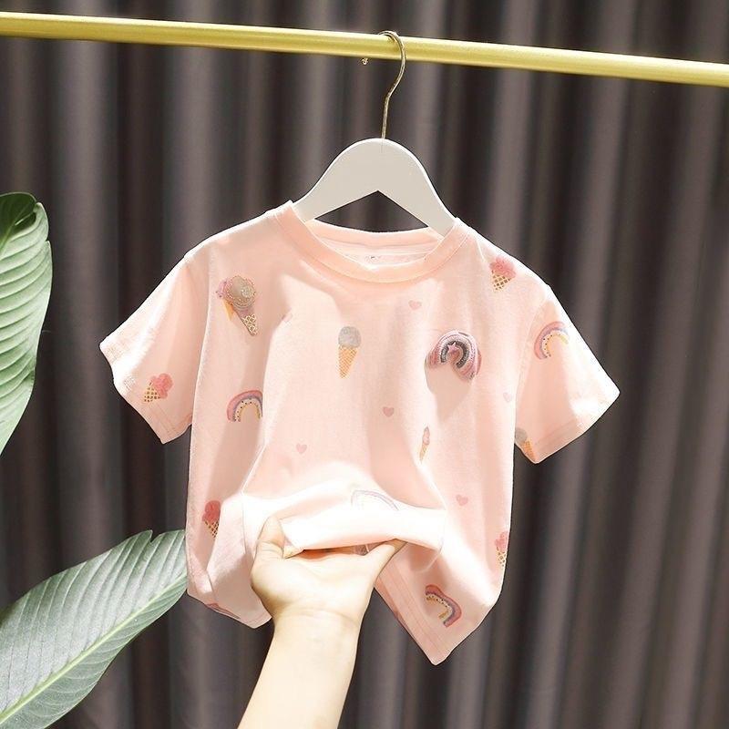 Летняя футболка для девочек, модная, милая, с короткими рукавами, цветами, круглым вырезом, с детской хлопковой нижней рубашкой