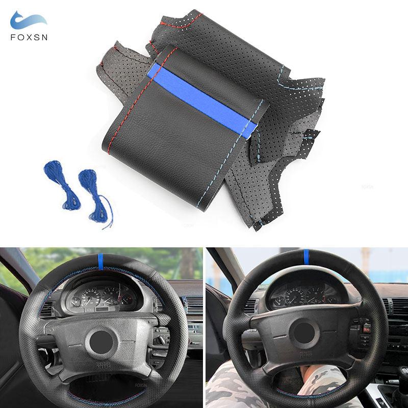 Для BMW 3 5 серии E36 E46 E39 X3 E83 X5 E53 2000 Автомобильный кожаный защитный чехол на руль черный-красный синий с синей линией