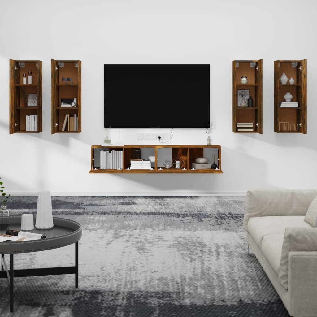 6 piece TV cabinet set smoked oak effect particleboard