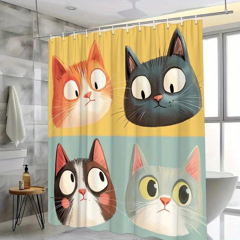 Charming Cartoon Cats Waterproof Shower Curtain - Whimsical Feline Faces and Playful Details for a Fun and Cozy Bathroom Decor