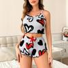 Women's Heart - Print Pajama Set - Crop Cami & Ruffled Shorts with Bow Detail Cute & Playful Loungewear