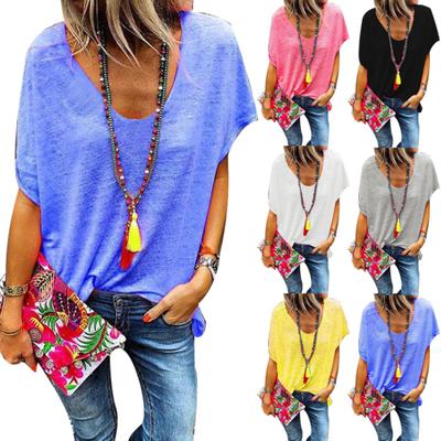 Футболка большого размера с коротким рукавом и V-образным вырезом, цвет конфет, летняя женская свободная футболка