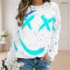 Women Plus Size Round Neck Long Sleeve Ribbed Cuffs Blue Pink White Printed Sweatshirt