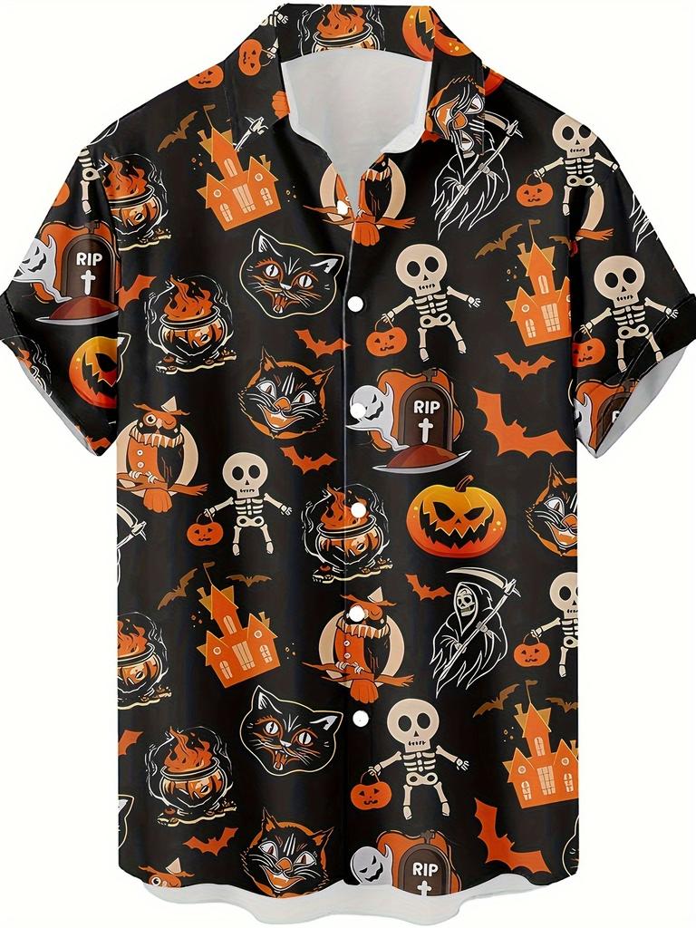 Графическая гавайская рубашка на Хэллоуин для мужчин, Тыква для Trick or Treat, 3D-принт, Праздничная блузка с коротким рукавом, Рубашки с отложным воротником