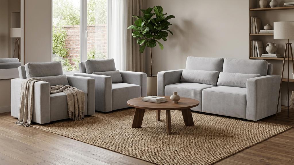 Wohnzimmer-Set Komo: Zweisitzer-Sofa mit Schlaffunktion und 2 ausklappbare Sessel, Velours, Family Meble