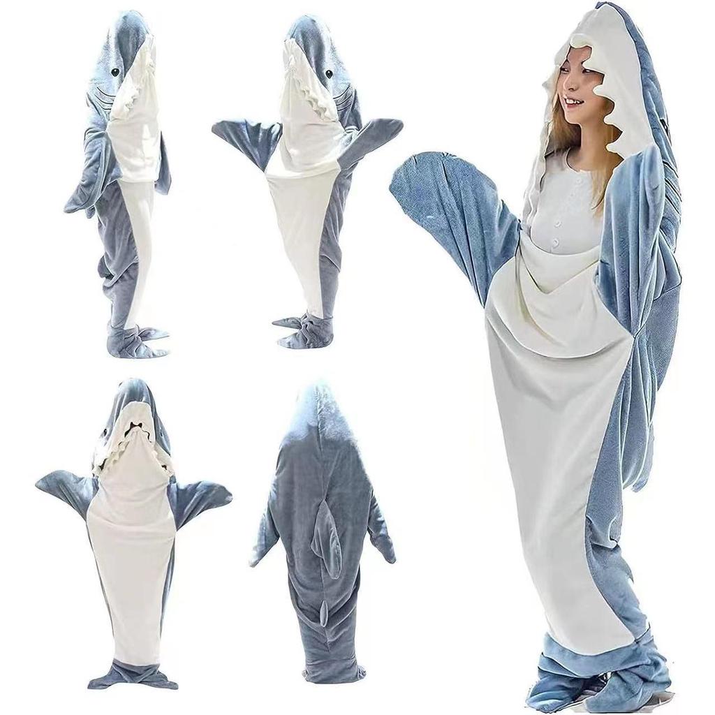 Cartoon Flannel Shark Sleeping Bag Pajamas - One-Piece Home Wear for Autumn and Winter