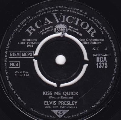 7-дюймовая пластинка ELVIS PRESLEY THE JORDANAIRES Kiss Me Quick RCA1375 RCA Victor 1963 UK Rock Б/у