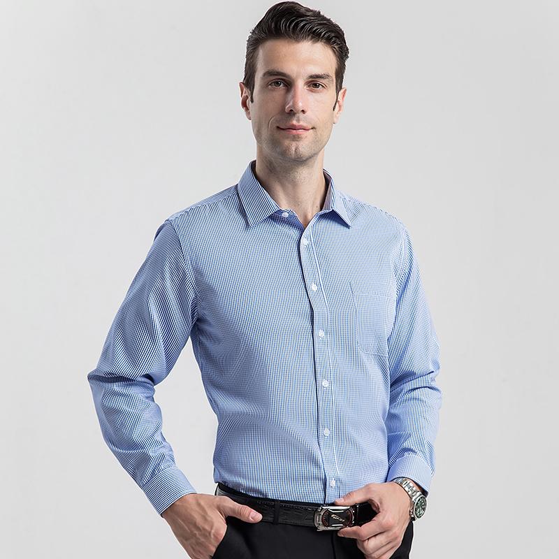 Классическая деловая мужская классическая рубашка с длинным рукавом в клетку с отложным воротником, синие клетчатые рубашки обычного кроя, мужские деловые офисные рубашки