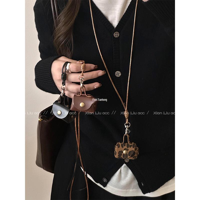 Кожаный кошелек для монет с леопардовым принтом, ожерелье и чехол для наушников, кулон на длинной цепочке для свитера, мешочек для хранения