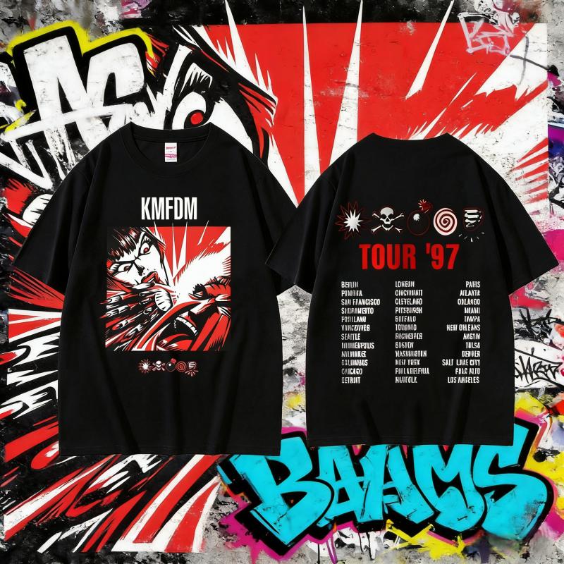 Лето 2025 Рок-группа Kmfdm Символы Тур 97 Графический Принт Мужчины Женщины Винтажный Готический Панк 100% Чистый Хлопок Печатная Футболка Y2k
