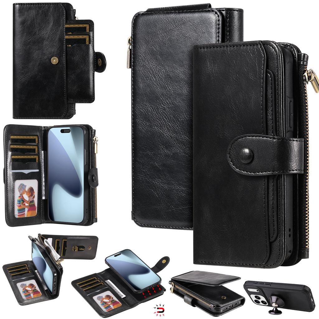 For iPhone 17 Pro Max Phone Case PU Leather Zipper Wallet Detachable Cover