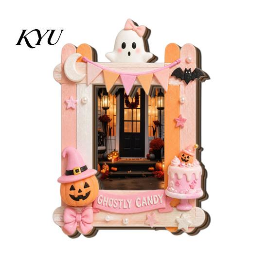 Decorative Magnetic Frame Halloween Photo Refrigerator Magnet, Ghost Pumpkin Picture Room Decor Holder, Wooden for Holiday Party Kitchen Magnet
