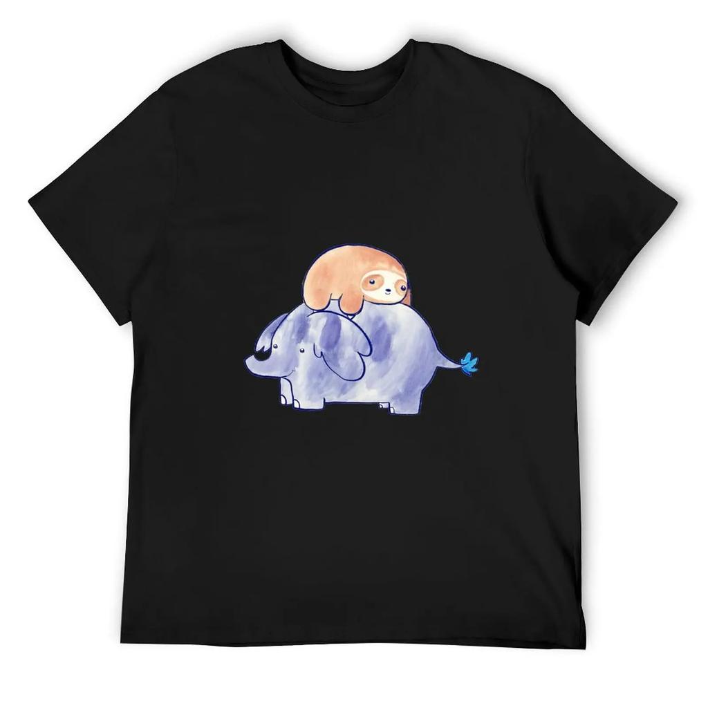 Little Sloth And Elephant Watercolor T-Shirt Customs Anime Figures Mens Graphic T-Shirts