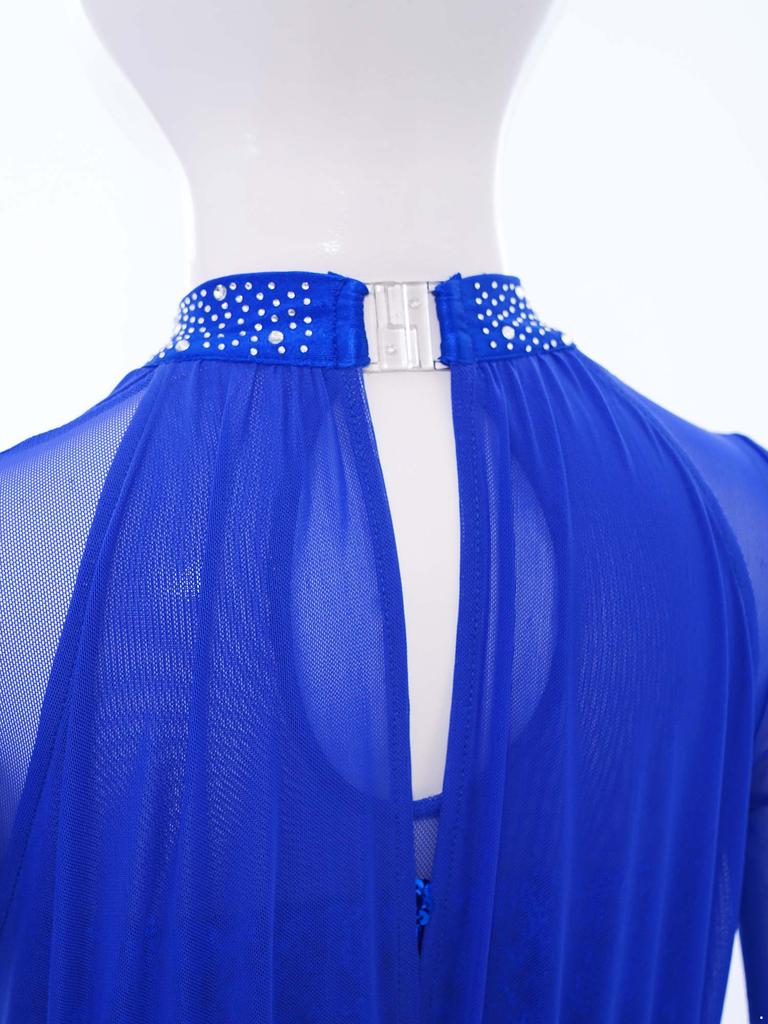 Girls Dance Leotard Long Sleeve Keyhole Back Design Sequins Rhinestones Sheer Mesh Figure Skating Outfit