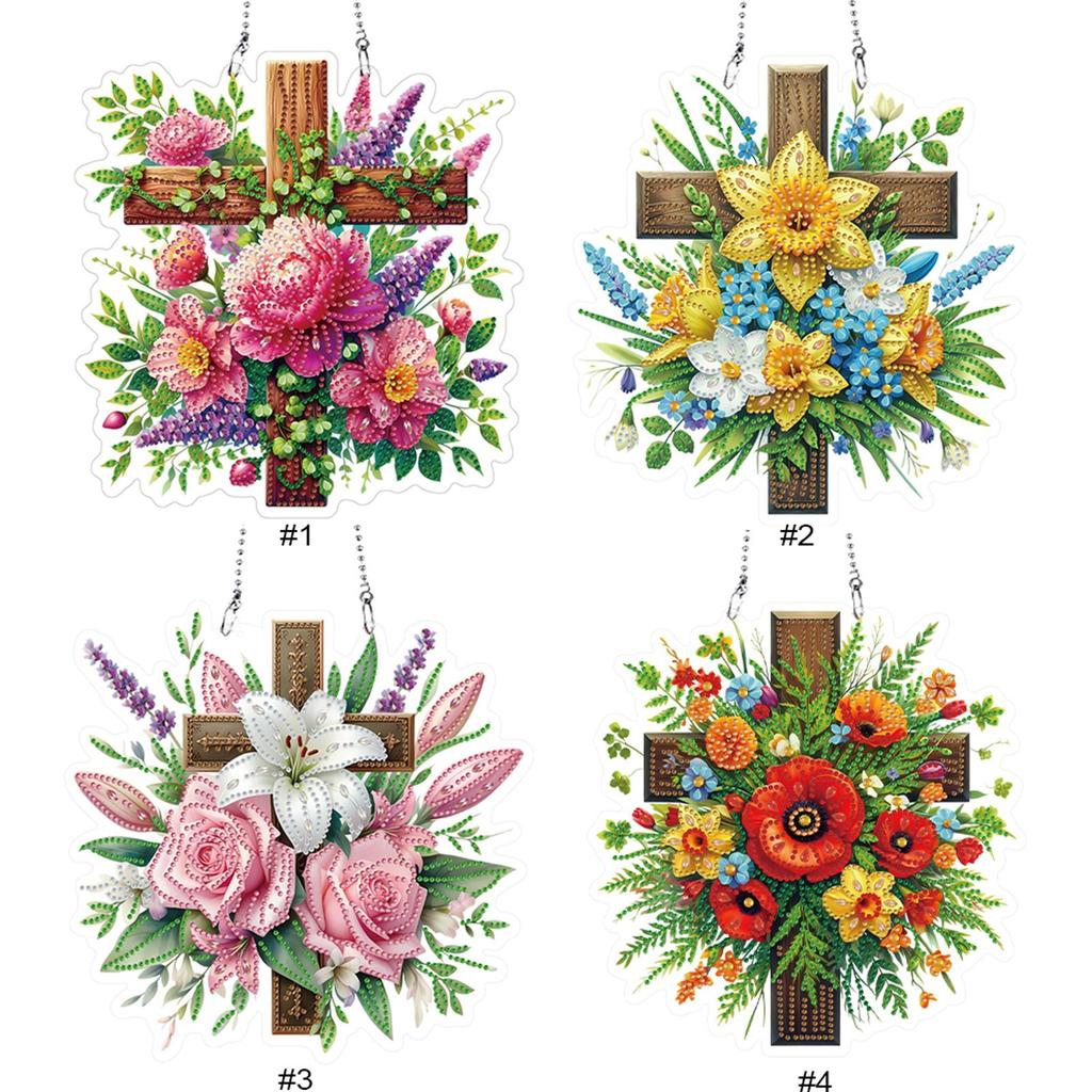 Cross Flower Theme 2D Flat DIY Diamond Painting Set Hanging Diamond Art Kits Diamond Art Pendant Wall Decor for Home & Windows