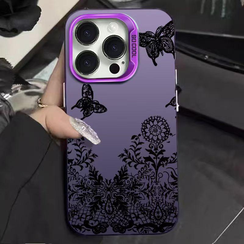 Cartoon Premium Phone Case Shockproof for iPhone 11 12 13 14 15 16 Pro Max Plus for iPhone X Xs Xr-Black Line Lace Silver