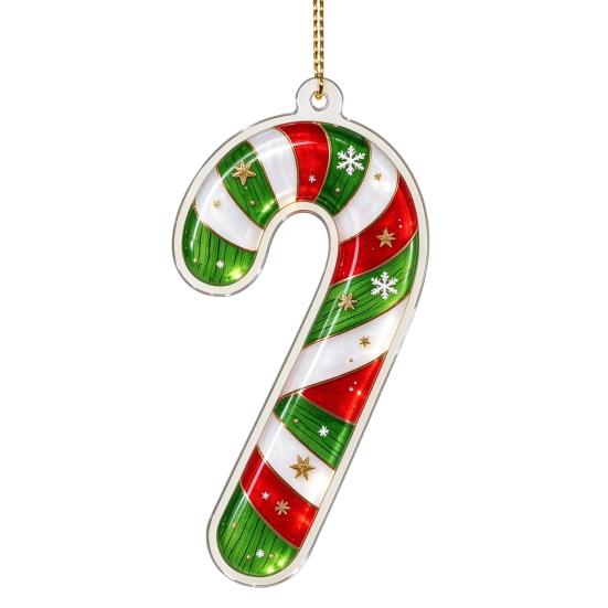 Stained Glass Style Decor Green Elf Christmas Ornament, 2D Acrylic Red Bell Tree Candy Cane Gift Box Xmas Hanging Charms Shaped Double Sided