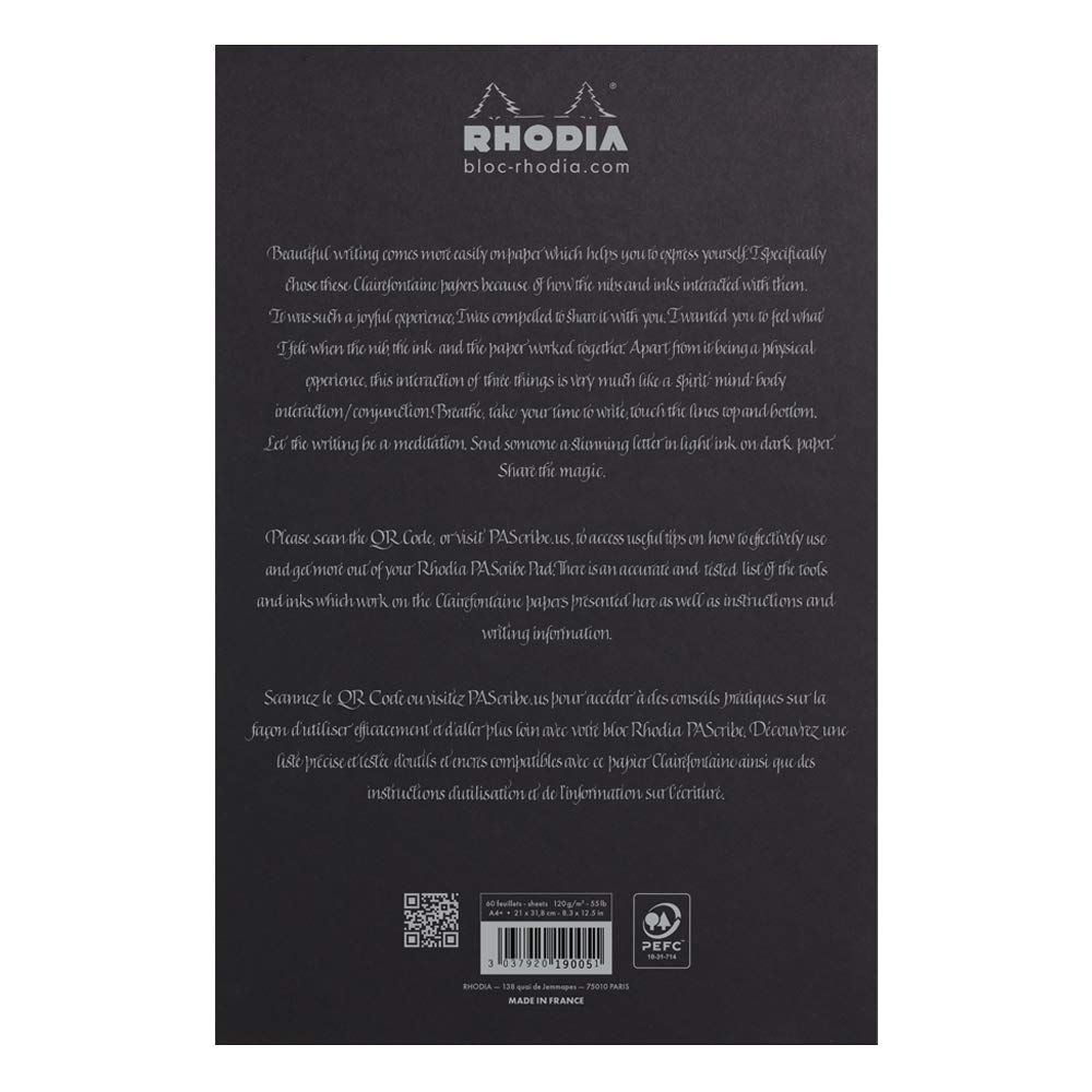 Rhodia PAScribe Calligraphy Pad, A4+ (21 X 31.8 Cm), 60 Sheets, 6mm Ruled, 120g/m², Perforated, Acid-Free, PEFC Certified, Black, RHODIA Cf19005