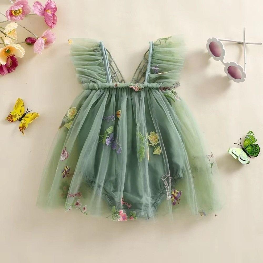 Polyester Infant Romper Dress Butterfly Wing Floral Embroidered Dress Photo Shoot
