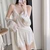 Sexy summer solid color thin women's suspender shorts set ice silk nightgown women's three-piece loungewear simulation silk