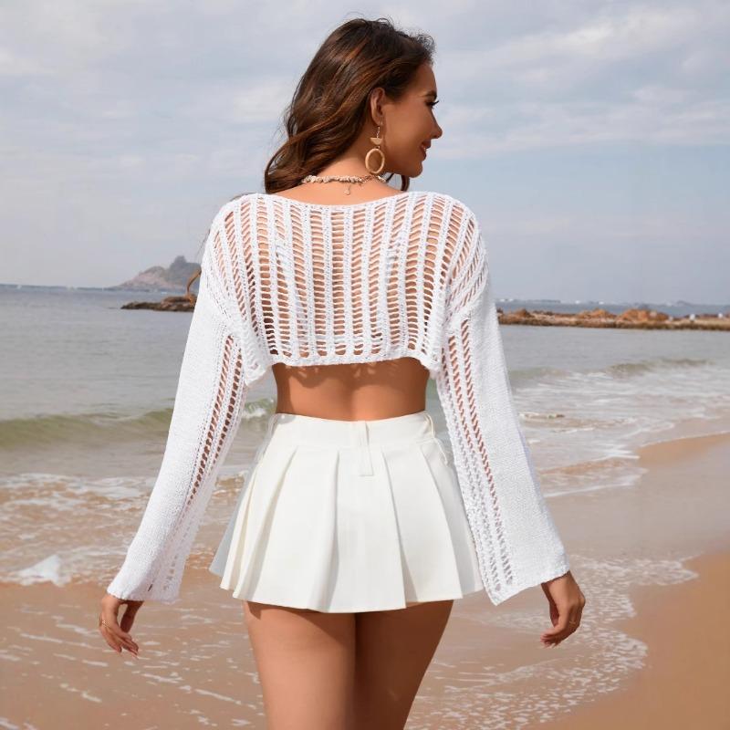 Women's Summer New Flared Sleeve Loose Round Neck Hollow Knit Top