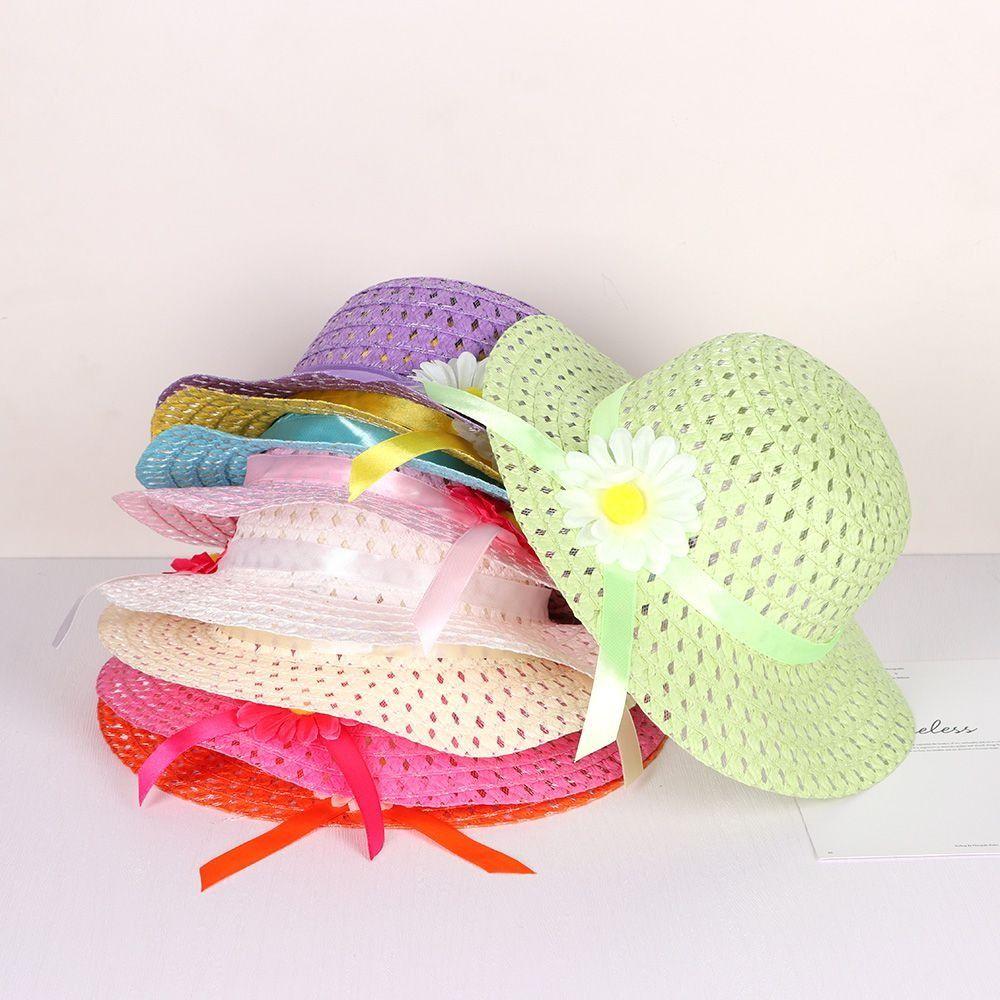 2Pcs/Set Sun Hat Children Beach Hats Set Flower Design Straw Wide Hat Travel Outdoor
