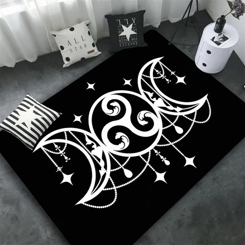 Triple Moon and Pentagram Altar or Tarot Witchy Floor Mat Black Witch Rug Gothic Decor Phases Divination Runic Carpet Gift