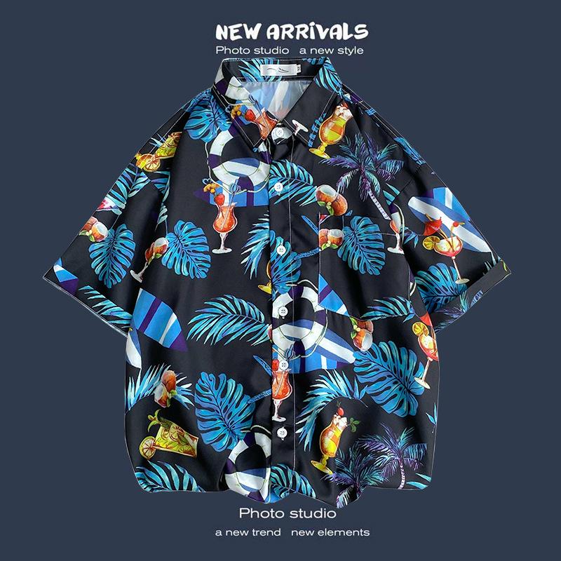 Retro Floral Shirt Blouse for Man Hawaiian Short-sleeved Floral Shirt Men's Loose Trend Couple All-match Five-point Sleeves