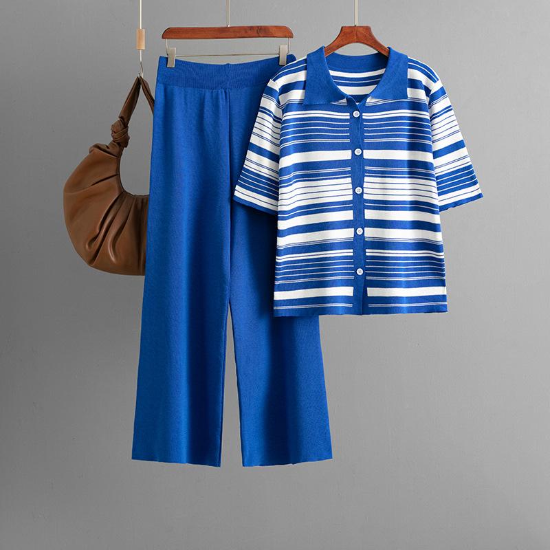 Модный вязаный комплект женский летний полосатый свободный топ с коротким рукавом и повседневные брюки, комплект из двух предметов