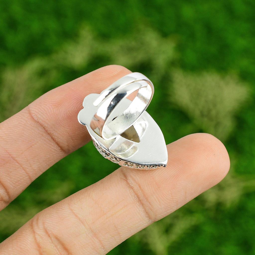 925 Sterling Silver Natural Plume Agate Bezel New Statement Wedding Ring Jewelry