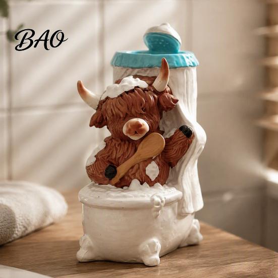 Highland Cow Decor Bathroom Figurine, Resin Scottish Calf Bathing Statue, Funny Gifts Farmhouse Animal Ornament for Home Office Tiered Tray