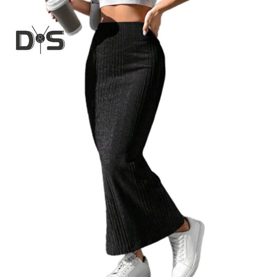 Women Fall Winter Skirt High Waist Knitted Elastic Thick Warm Ankle Length Striped Slim Fit Soft Sheath Lady Maxi Skirt