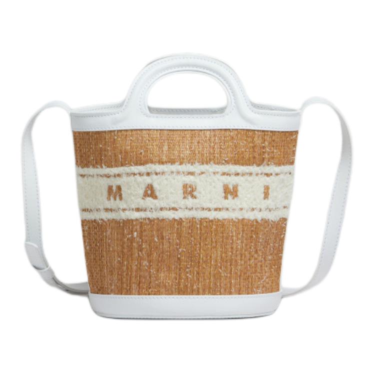 Marni Tropicalia Woven Straw Adjustable Shoulder Strap Nylon Bucket Bag Small Women bags White Beige SCMP0056L5P7945ZO822