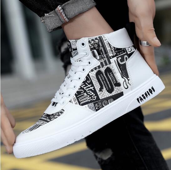 Мода осень новая мода мужская обувь личность граффити высокие мужские туфли повседневная всесезонная спортивная доска модная обувь D600