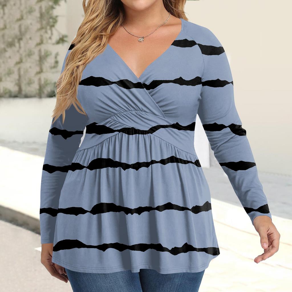 Женская рубашка большого размера с длинным рукавом, принт, плиссированный повседневный топ с V-образным вырезом