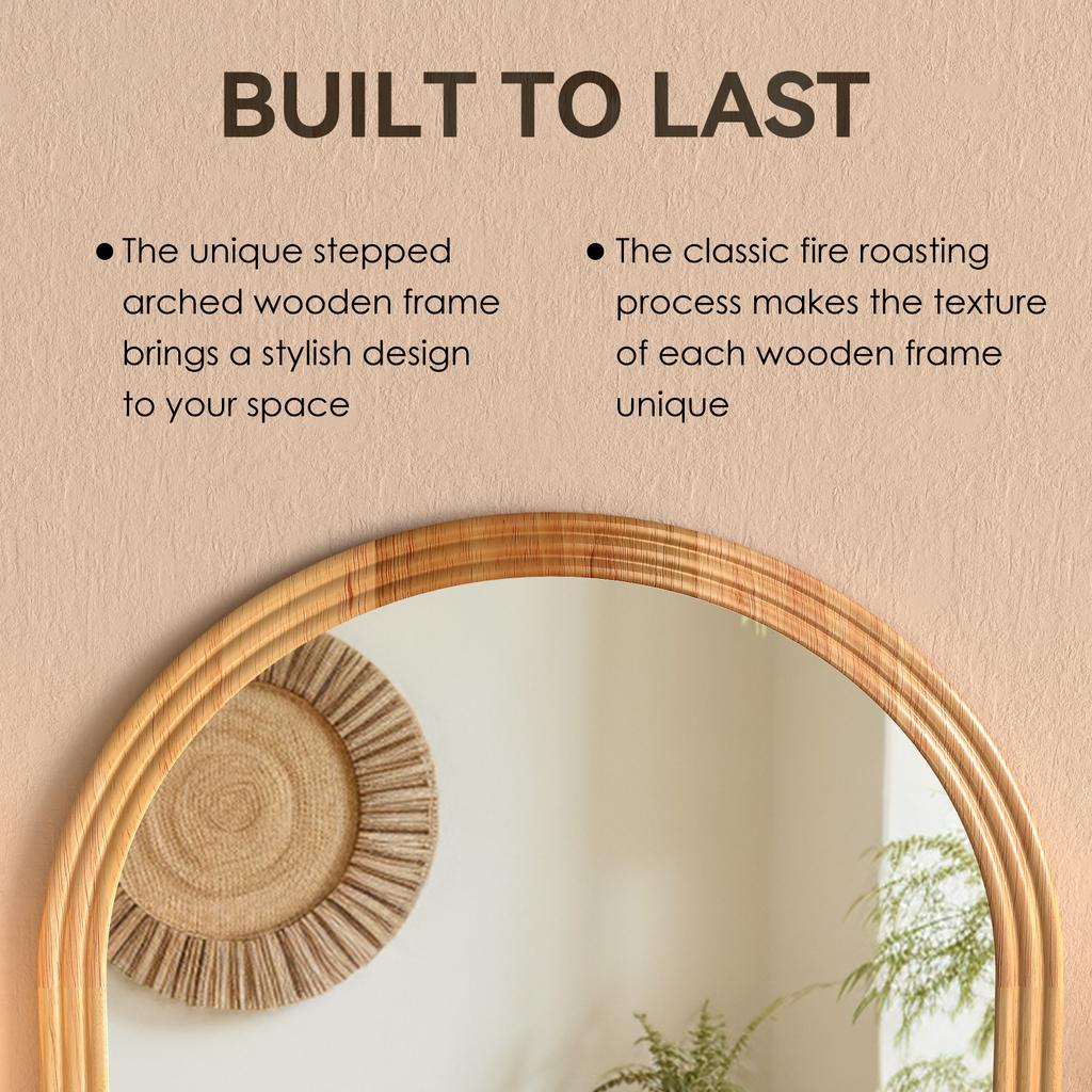 Arched Full-Length Mirror with Wooden Frame in Brown, 160 x 50 cm, Adjustable Metal Stand, Suitable for Residential and Commercial Spaces