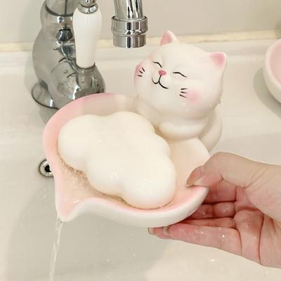 Милая кошка Нескользящая основа Мыльница в виде кошки Пастельно-розовый Белый Контейнер для мыла в форме кошки Креативный дизайн Очаровательная подставка для мыла Раковина
