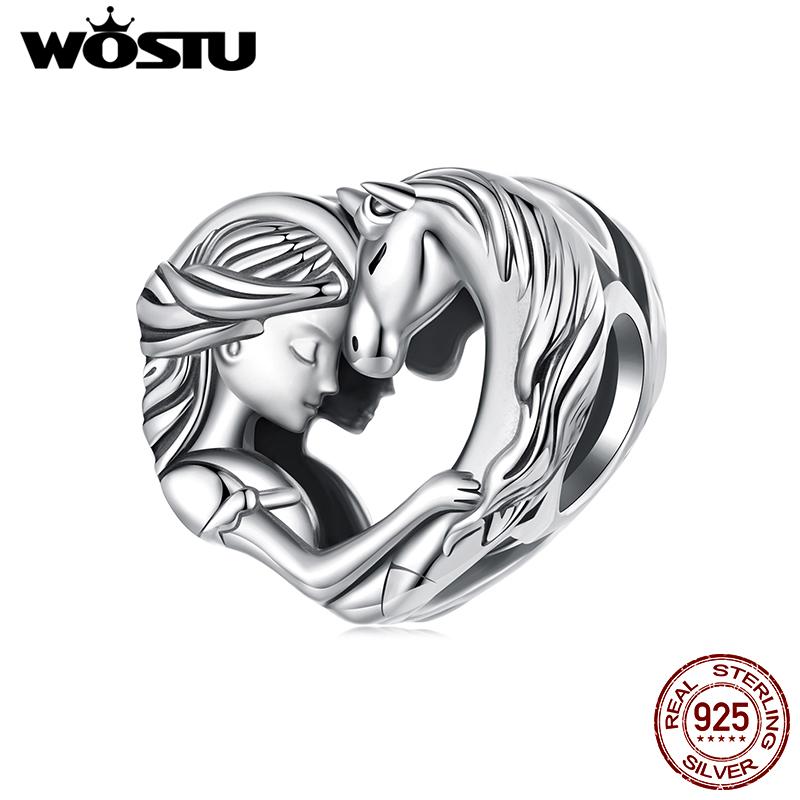 WOSTU Solid 925 Silver Lovely Girl & Horse Charm Heart Guardian Pendant Fit DIY Bracelet Necklace Heart Jewelry Series