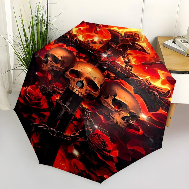 Skulls, Flames- Automatic umbrella, Four Seasons Portable Folding Umbrella, Suitable for Men and Women, Travel, Daily Compact Umbrella, Outd