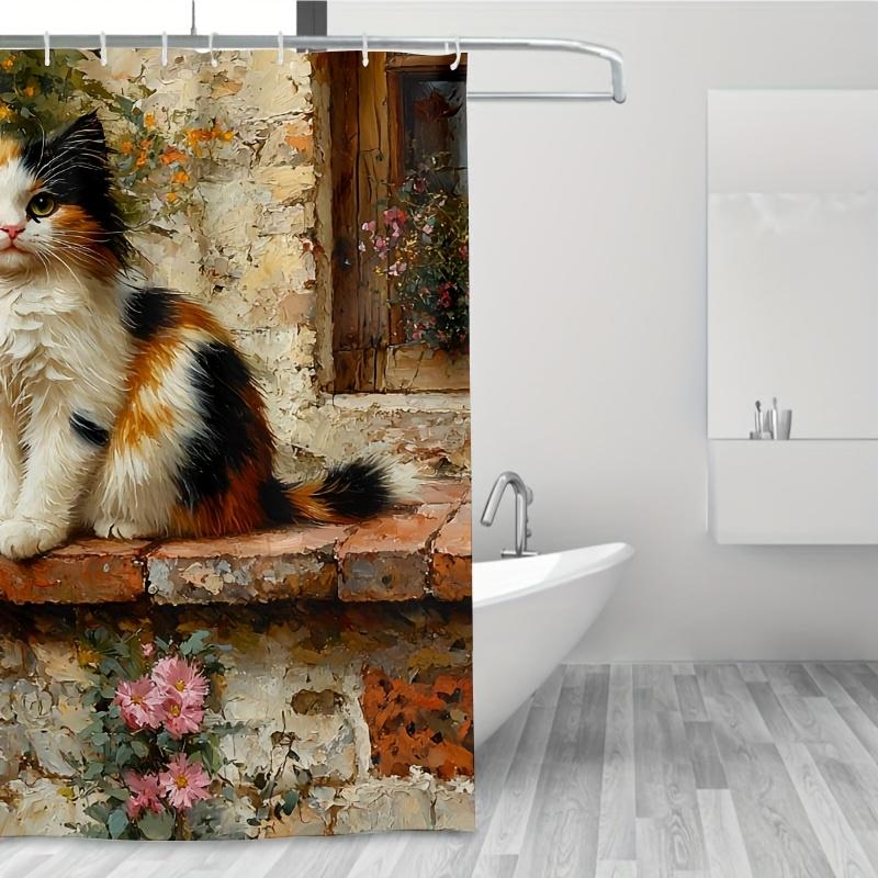Милая Трехцветная Кошка Шторка для Душа - Белый и Черный Мех, Цветочный и Кирпичный Дизайн, 71x71 Дюйм Полиэстер, Ручная Стирка, Летний Домашний Декор