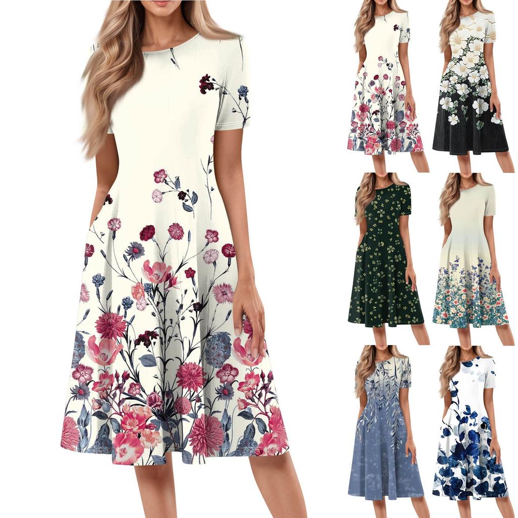 Women's Loose Casual And Fashionable Round Neck Short Sleeved Printed Mid Length Dress