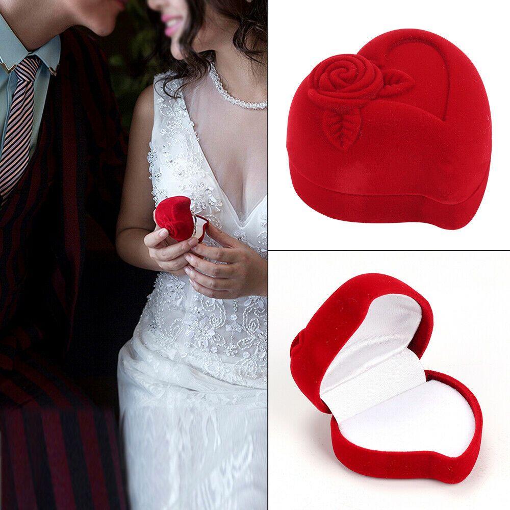 Heart Shape Exquisite Ring Display Box Velvet Jewelry Box Red Rose Double Ring Storage Box