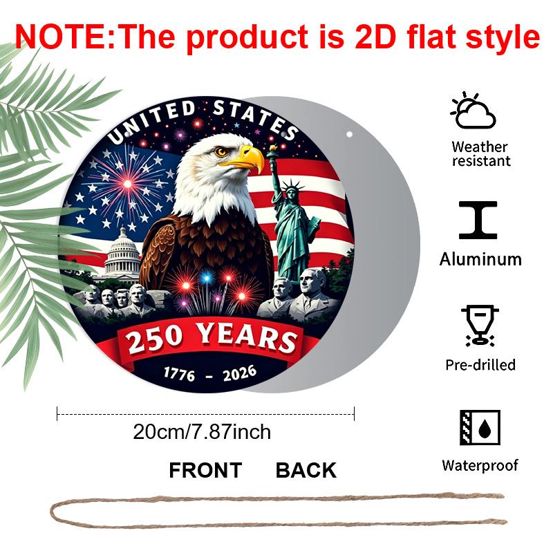 2D Flat, 1pc Circular Aluminum Decorative Plaque, Celebrating The 250Th Anniversary of America with a Patriotic Eagle & American Landmarks Design