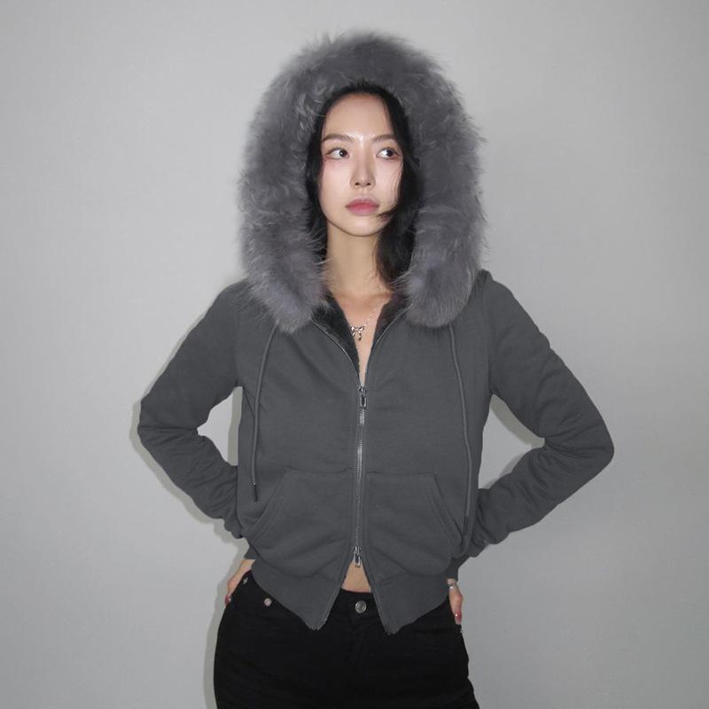 Goth Dark Streetwear Толстовки с капюшоном с воротником из искусственного меха с двойной молнией Пальто с капюшоном Женские повседневные куртки в готическом стиле с карманами Y2K Grunge Fall Cardigan