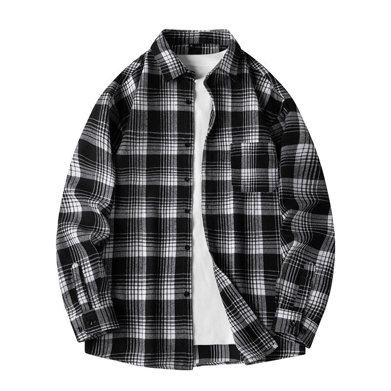 Men Shirt Plaid Loose Street Long Sleeve Casual Shirt Black Oversized Soft Shirt Spring Autumn