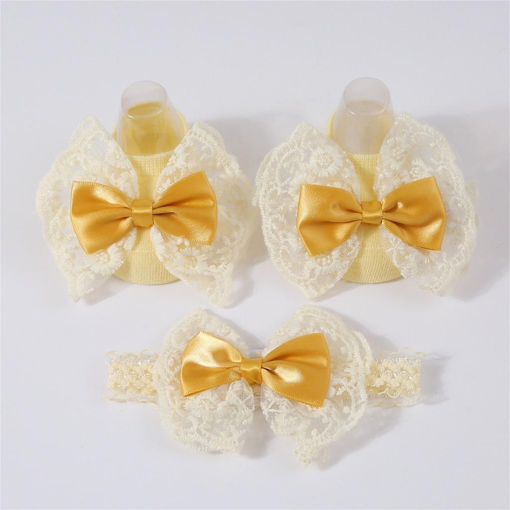 Baby Knitted Breathable Lace Bow Floor Socks + Hairband Color Matching Set
