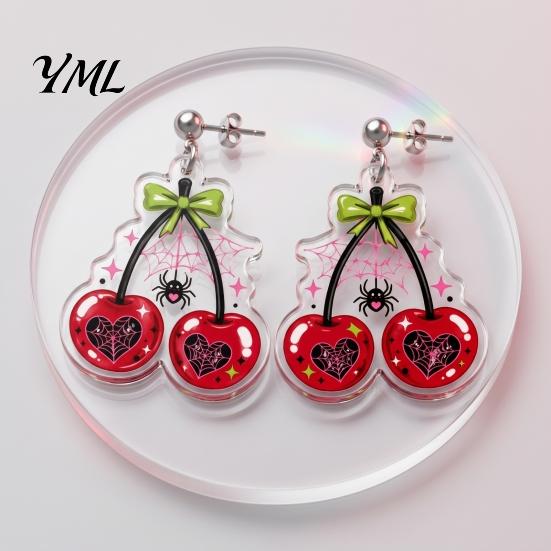Charming Aesthetic Earrings 1 Pair Acrylic Cherry for Women, 2D Fruit Dangle Drop Unique Lightweight with Spider Web And Bow, Punk Jewelry Halloween