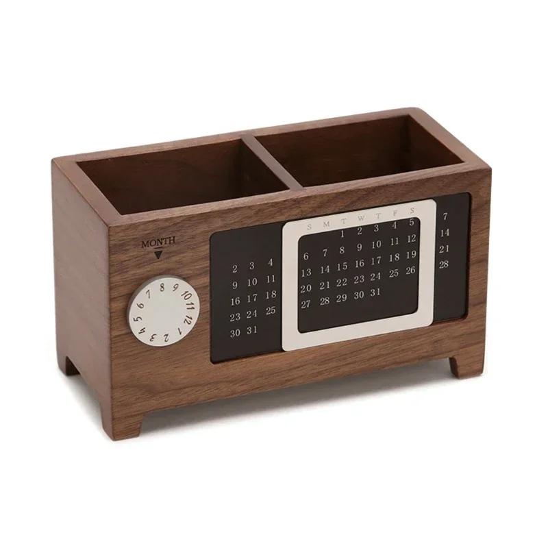 Multifunctional Wooden Desktop Organizer - Calendar & Pen Pencil Holder for Home Office