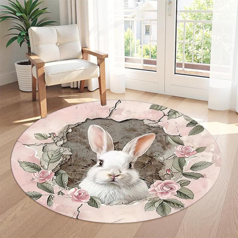 Rabbit Round Floor Mat Perfect for Dining Room Balcony Hallway Kitchen Antislip Round Carpet Decorate Offices Perfect Gift for Women Men